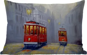 Подушка для улицы - Картина - Трамвай - Город - Масло - 50x30 см - Устойчива к атмосферным воздействиям - Подушка для отдыха - Подушка для дивана - Украшение для гостиной MuchoWow