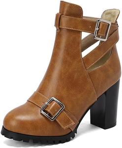 Женские ботильоны с круглым носком, большой размер, толстые высокие каблуки, с пряжкой BLXQPYT, Brown