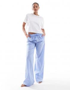 Высокие хлопковые брюки с завязками на талии в синюю полоску Lindex