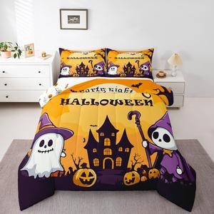 Erosebridal Комплект постельного белья Happy Halloween для детей с принтом тыкв, черепов и замков, реверсивный, Purple Orange