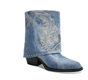 Женские ковбойские ботильоны с отворотом, заостренным носком и невысоким массивным каблуком, с заклепками и вышивкой, праздничные ботильоны для осени и зимы Cervigado, Blue