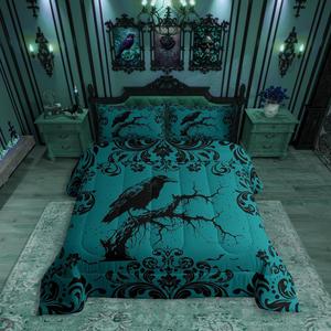 Erosebridal Готический комплект постельного белья Crow с бархатным дамасским узором воронов в черно-бирюзовой цветовой гамме, Black Teal