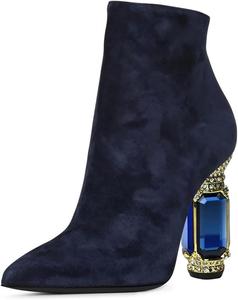 Женские ботильоны FSJ с острым носком, кристаллами, массивным каблуком и боковой молнией, блестящие, повседневные, модные, осенние, размеры US 4-15, Dark Blue