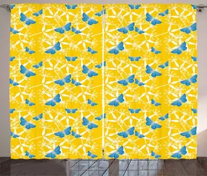 Желто-синяя штора ABAKUHAUS в деревенском стиле с экзотическими животными, универсальная ленточная штора для гостиной с петлями и крючками, 280 x 245 см, сине-желтый с белым Abakuhaus