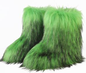 Женские сапоги с искусственным мехом, замшевые зимние пушистые туфли с округлым носком, теплые снежные удобные плюшевые короткие, на плоской подошве, до середины голени и высокие меховые пушистые сапоги HIPRETTYUS, Green