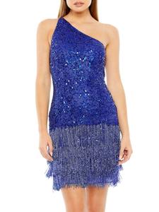Мини-платье на одно плечо с бисером Mac Duggal, цвет Cobalt