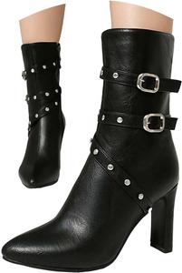 Женские ботильоны на щиколотку, модные с заклепками, заостренный носок, кожаный ремешок с пряжкой, высокие каблуки с боковой молнией, удобные ботильоны на каблуке для работы, вечеринки, выпускного вечера, винтажные ботильоны Generic, Black