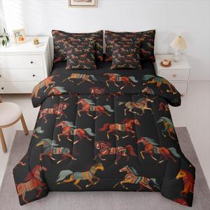 Erosebridal Комплект постельного белья Horse King в юго-западном стиле с геометрическим принтом в черно-красных тонах, Red Black