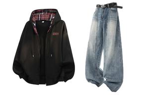 Свитшот-сет Unisex Hooded Moderate X1617, черный top+синий pants