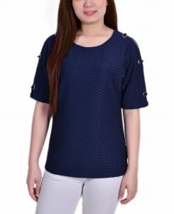 Топ petite с короткими рукавами и текстурированной люверсами в виде сот NY Collection, темно-синий