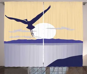 Штора ABAKUHAUS Silhouette Rustic, Летящая птица на горизонте, для спальни, присборенная тесьма с петлями и крючками, 280 x 225 см, бежево-голубой потолок Abakuhaus