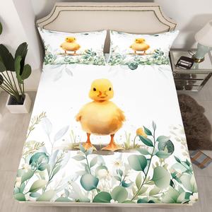 Erosebridal Комплект постельного белья Kawaii Chicken с мультяшными животными и тропическими растениями из эвкалипта, Green Yellow