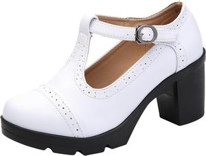 Свадебные туфли для женщин с низким устойчивым каблуком, Мэри Джейн, массивный ремешок Т-образной формы, туфли для собеседований, закрытый носок, оксфорды, туфли-лодочки Ctreela, White