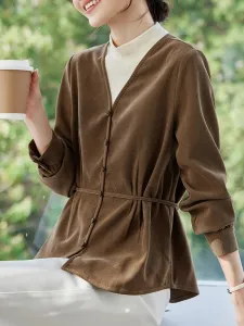 Блузка с V-образным вырезом и лентой на талии, женская блузка Doux Belle, цвет Khaki Brown