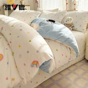 Yalu Комплект постельного белья из 4 предметов (простыня на резинке 150 см, пододеяльник 200х230 см), молочный вельвет, утепленный, цвет Rainbow Heart
