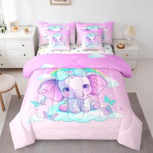 Erosebridal Комплект постельного белья Cartoon Elephants с мультяшными слонами, радугой, кавайными облаками и бабочками в розово-голубых тонах, Pink