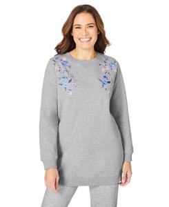 Флисовая толстовка больших размеров Woman Within, Heather grey floral vine embroidery