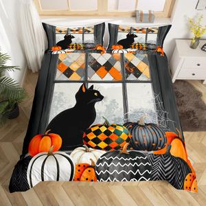 Erosebridal Комплект постельного белья Cute Black Cat с тематикой Хэллоуин и котиками для детей, Orange