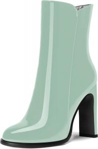 Женские офисные ботинки ROSERWISH на молнии, с классическим округлым носком, лакированной отделкой, высокими блочными каблуками и средним голенищем, 4 дюйма