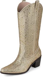 Женские ковбойские сапоги с камнями, средней высоты, заостренный носок, блестящий массивный каблук, сапоги в стиле ковбой с боковыми петлями для надевания MISSMILLER, Gold/Zipper