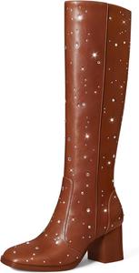Женские сапоги MUCCCUTE до колена с квадратным носком, широким каблуком, боковой молнией, украшенные стразами, блестящие, модные высокие длинные сапоги для девушек, Brown
