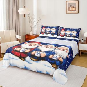 Erosebridal Комплект постельного белья с новогодним принтом гномов и Санта Клауса в красно-бело-синих тонах, Blue Red White