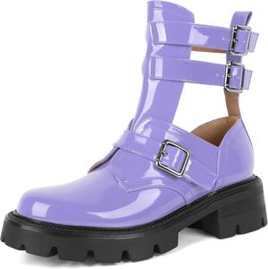 Женские ботильоны SAMMITOP с низким каблуком и рифленой подошвой, модные ботинки с круглым носком и вырезами, боевые ботинки с металлической пряжкой, готические ботильоны на 2 дюйма, Light Purple