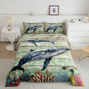 Erosebridal Комплект постельного белья Whale с морскими животными в винтажном стиле, Beige Green