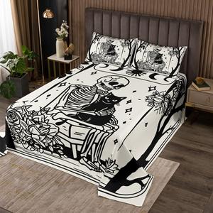 Erosebridal Готический комплект постельного белья Halloween с черепами, скелетом с котом, цветочным и лунно-солнечным принтом, Light Grey Black White