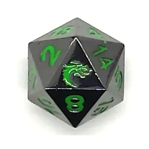 d20 Черный никель с зеленым, Metal Dice - Halfling Forged