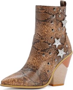 Женские ботильоны Myallfeet с массивным каблуком, змеиным узором и заклепками, вдохновленные западным стилем, из искусственной кожи с заостренным носком, на шпильке с принтом, без застежки, Brown
