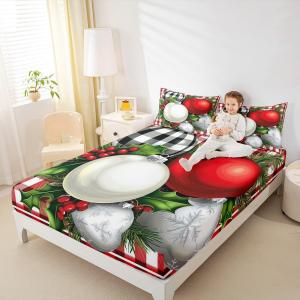Erosebridal Комплект постельного белья с новогодним принтом в красно-белую клетку, White Green Red