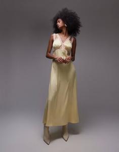 Платье миди Topshop с кружевными вставками и плиссированной грудью лимонного и персикового цвета