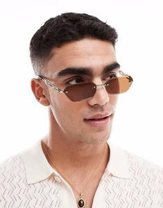 Солнцезащитные очки без оправы с коричневыми прямоугольными линзами и металлической золотой оправой Asos Design