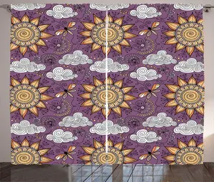 Штора ABAKUHAUS в стиле Абстрактный деревенский, с изображением солнца с лучами и лепестками, универсальная ленточная штора для гостиной с петлями и крючками, 280 x 225 см, бледно-баклажановый и разноцветный Abakuhaus