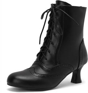 Женские винтажные ботильоны DEERBUNNY с кошачьим каблуком, круглым носком, ретро стилем, шнуровкой и низким каблуком, Black1