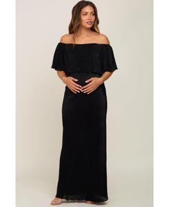 Длинное платье для беременных, лесного зеленого цвета, с плиссировкой и оборками, с открытыми плечами Pinkblush, Black