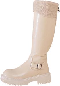 Женские теплые сапоги средней длины с молнией, флисовой подкладкой, водонепроницаемые кожаные, с пряжкой, подошва против скольжения, низкий каблук, зимняя обувь Generic, White