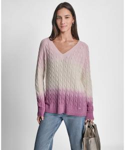Женский свитер с V-образным вырезом и косами, окрашенный в глубокий цвет DKNY Jeans, Pink Moon Combo