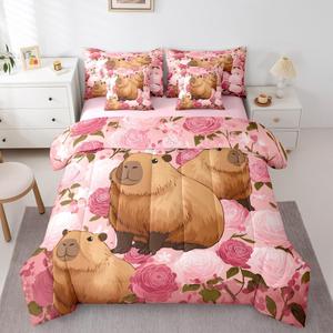 Erosebridal Комплект постельного белья Rose Capybara с веселыми животными, садовый дизайн, деревенский стиль, Pink and Brown