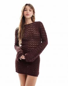 Мисс Селфридж крючком мини-платье с глубоким вырезом на спине и длинными рукавами шоколадного цвета Miss Selfridge