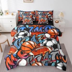 Erosebridal Комплект постельного белья Graffiti Sports с футбольной и баскетбольной тематикой для детей и подростков, Orange Bue