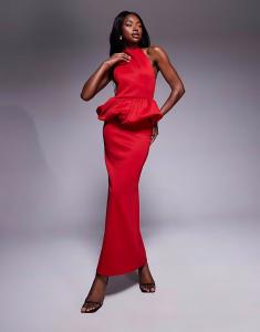 Платье-миди с высоким воротом и баской ASOS DESIGN красного цвета