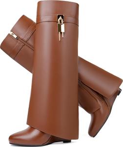 Сапоги с отворотом для женщин, острый носок, на танкетке, до колена, с боковой молнией и декоративным замком CDHYX, Brown