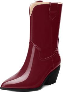 Женские сапоги WAYDERNS до середины икры из лакированной кожи с массивным каблуком, заостренным носком, 2,3-дюймовым каблуком, короткие ботильоны для модных повседневных прогулок, свиданий и шопинга, осенние, Burgundy