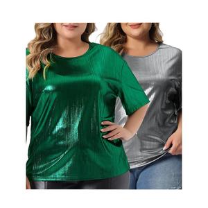 Женские футболки больших размеров с металлическим круглым вырезом и короткими рукавами, блузки, футболки Agnes Orinda, цвет Silver Green