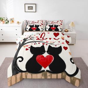 Erosebridal Комплект постельного белья Valentines Cat с романтичным принтом черных котов и красных сердец, Black Red