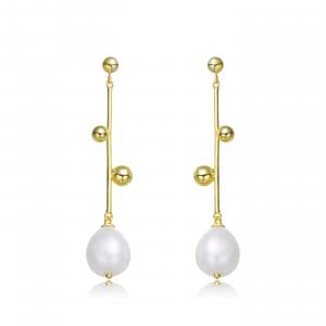 Серьги-подвески GENEVIVE из стерлингового серебра с позолотой и пресноводным жемчугом Genevive, золотой