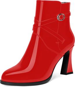 Женские ботильоны WAYDERNS с регулируемым ремешком и пряжкой, лакированные, повседневные, с круглым носком, на высоком блочном каблуке 3,3 дюйма, Red