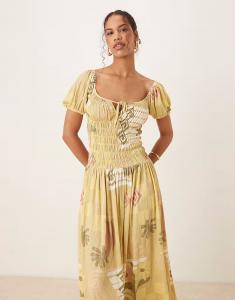 ASOS DESIGN миди-платье-чайник с присборенной талией и рукавами-фонариками в пастельном стиле с почтовым принтом